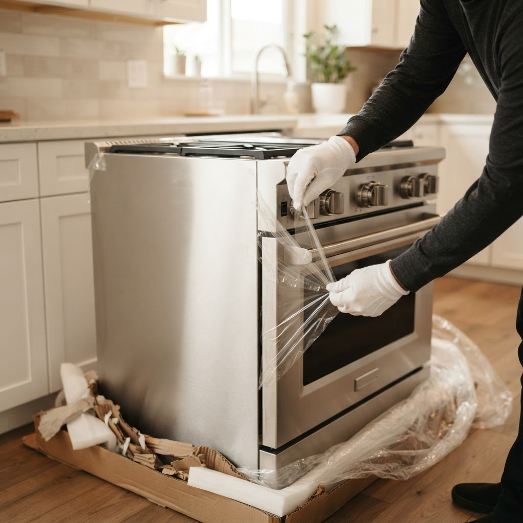 A premium stainless-steel appliance being unpacked in a modern kitchen