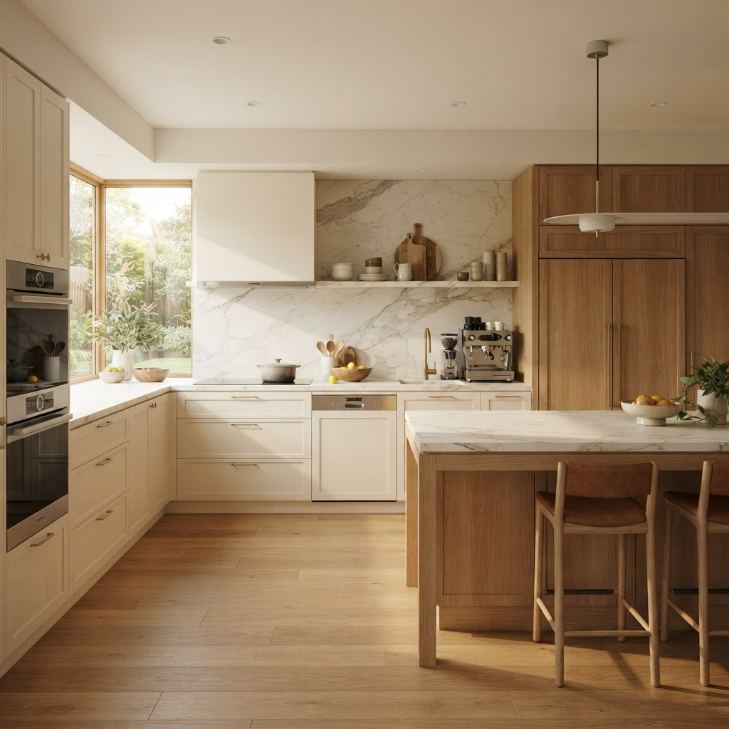 A premium modern kitchen with built-in appliances at golden hour