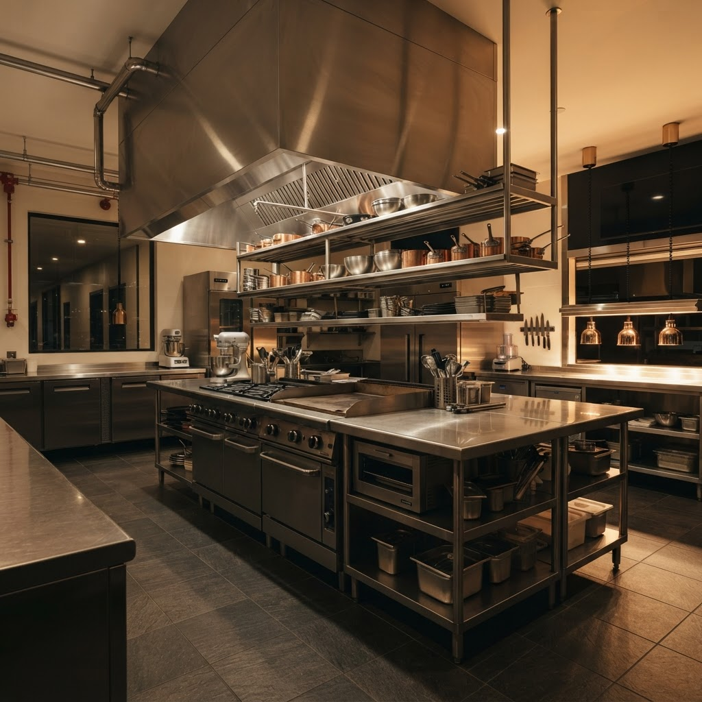 A premium commercial kitchen fitted with professional stainless-steel equipment